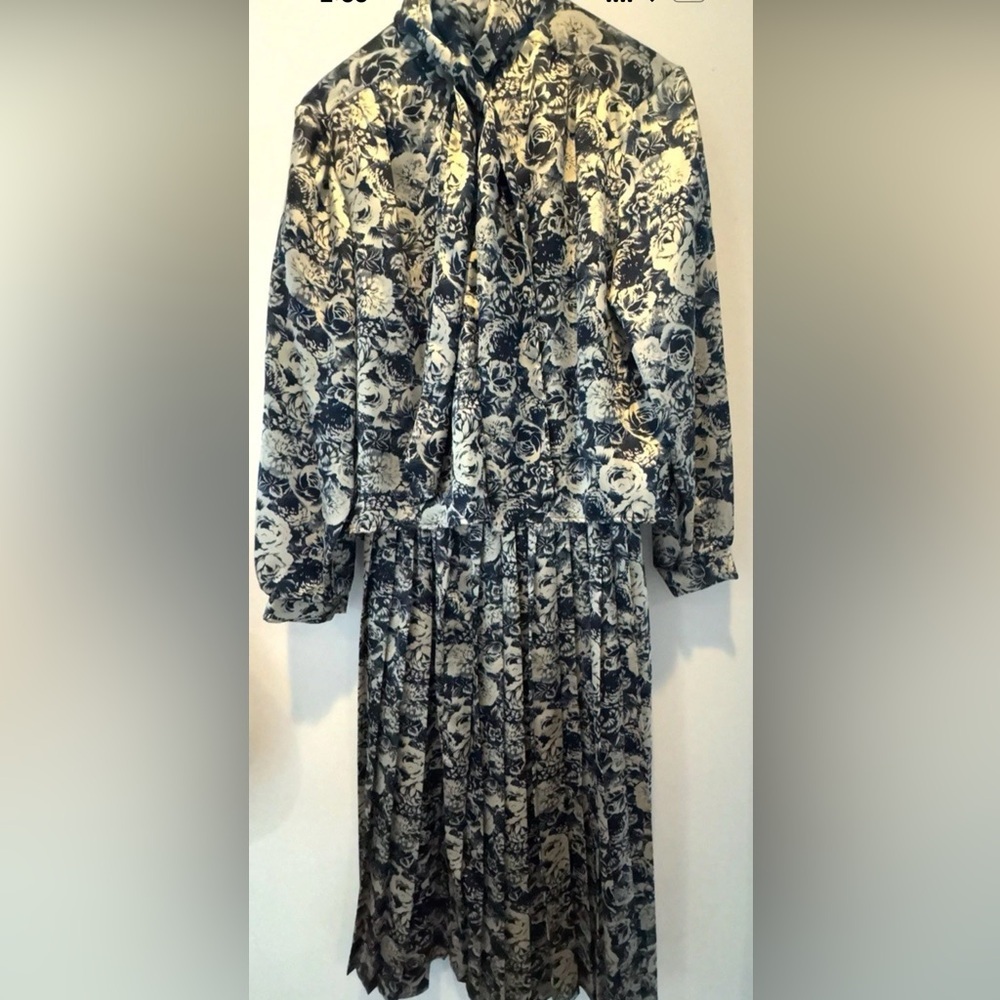 Vintage 80s Russ Dark Navy Cream Floral Blouse Pleated Skirt Set Size 12 - Picture 2 of 9